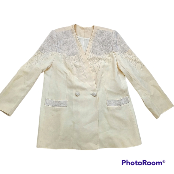 White Cream Wool Beaded Embalished  Skirt and Blazer Jacket Set Suit Size 20W - Picture 3 of 17